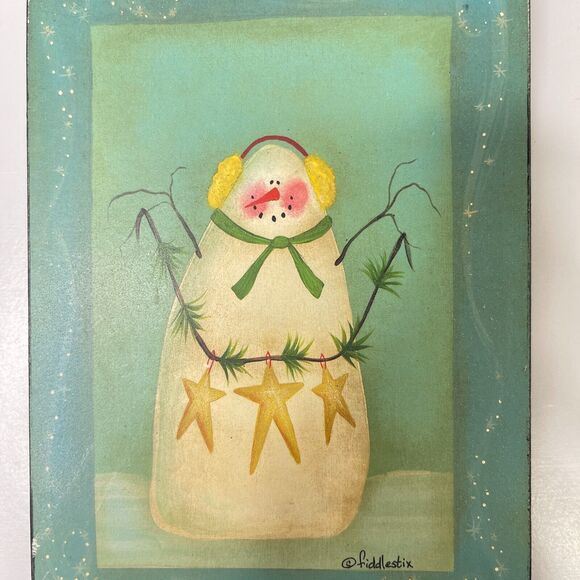 Lot Of 2 Snowman Stringing Socks & Stars Framed Picture by Fiddlestix 7" x 5" - Picture 7 of 14